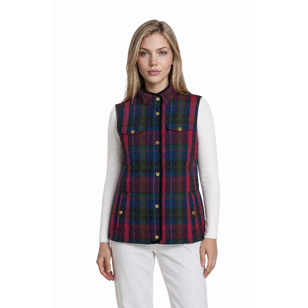 Talbots‎ Plaid Fleece Lined Quilted Vest Women's Size Large Multicolor Snap Zip